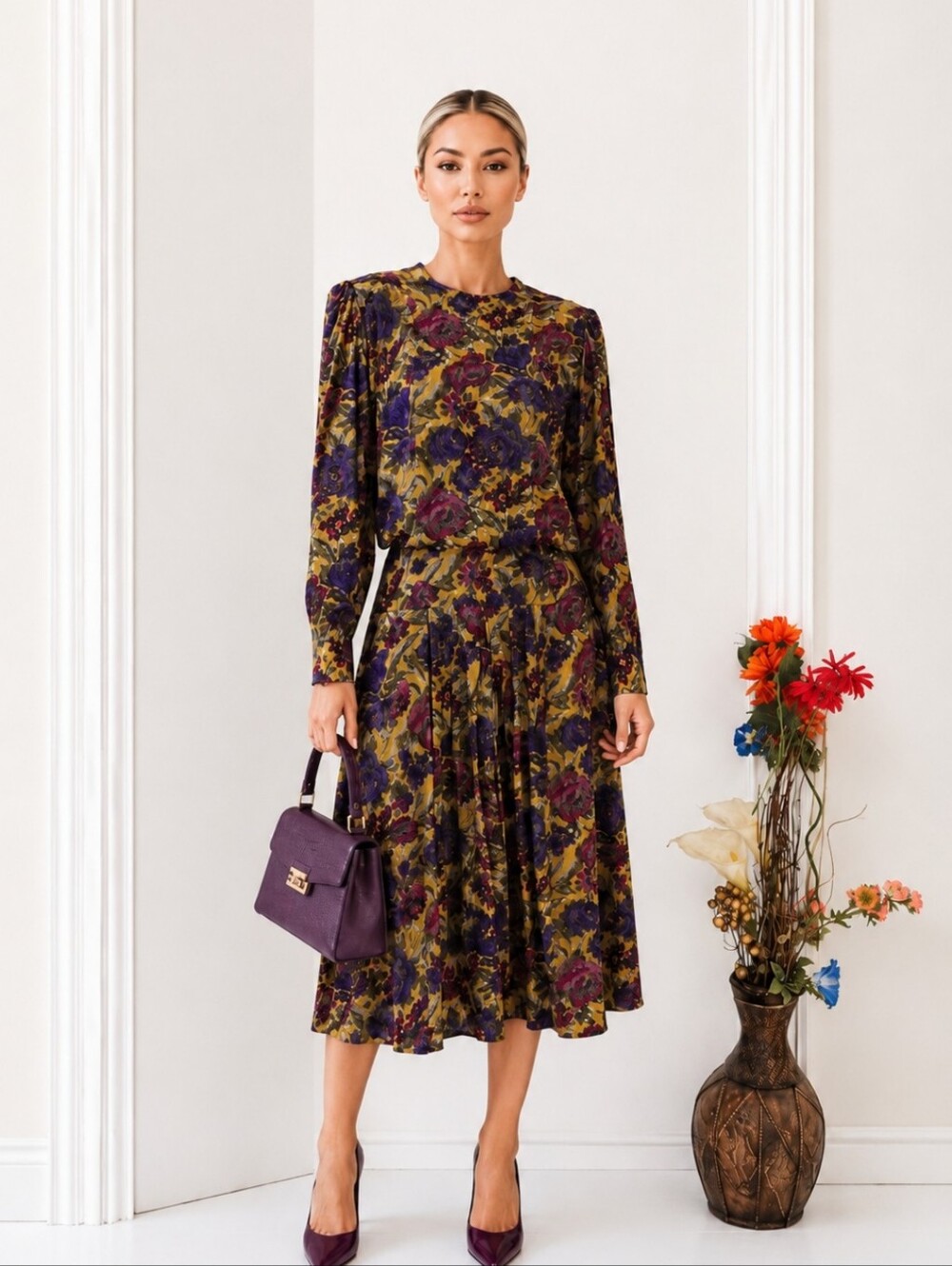 Algo | Vintage Floral Midi Dress Long Sleeve Cottagecore 1980's